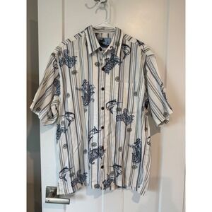 AFTCO Bluewater Mens Large Short Sleeve Button Down Fishing Shirt Stripe Marlin